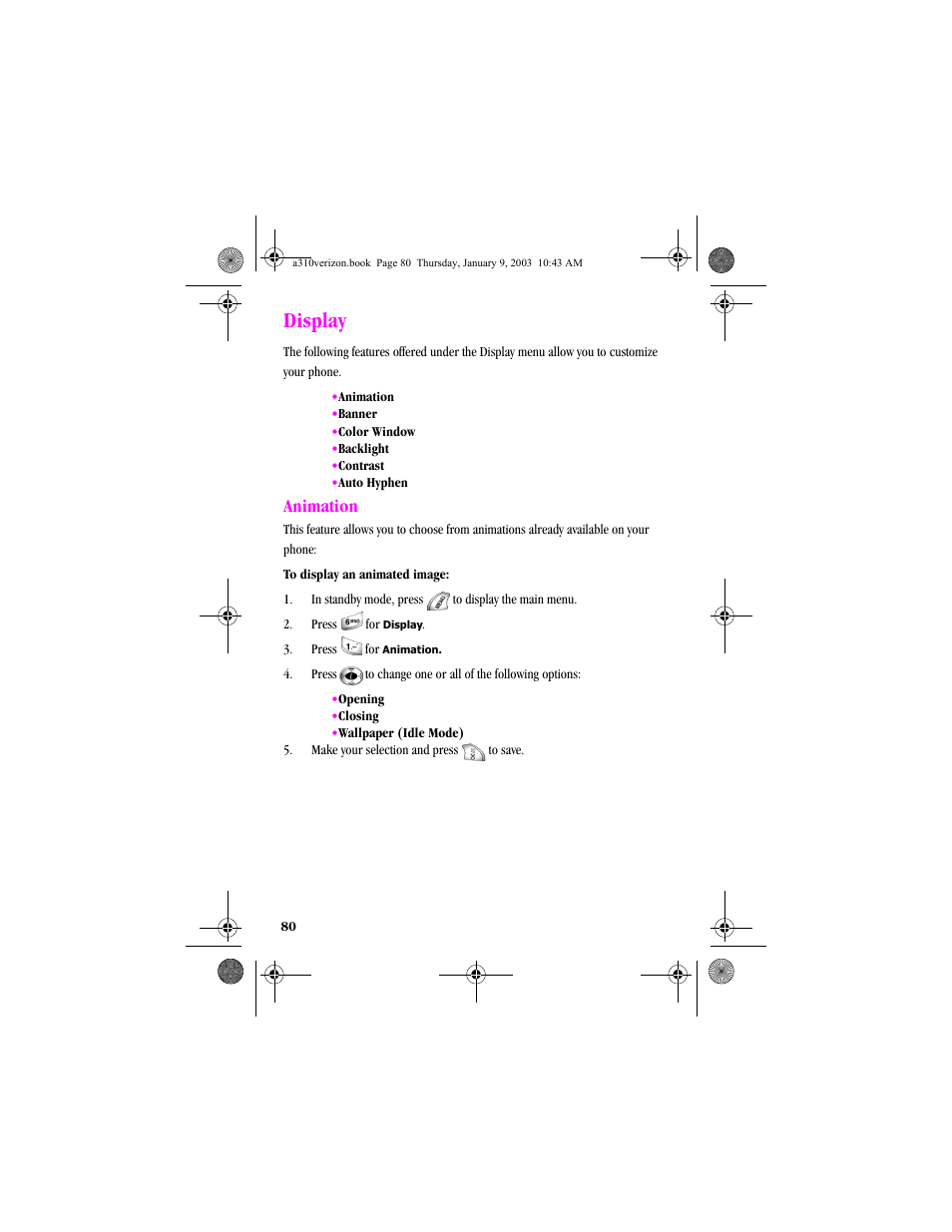 Display, Animation | Samsung SCH-A310SV-XAR User Manual | Page 80 / 146