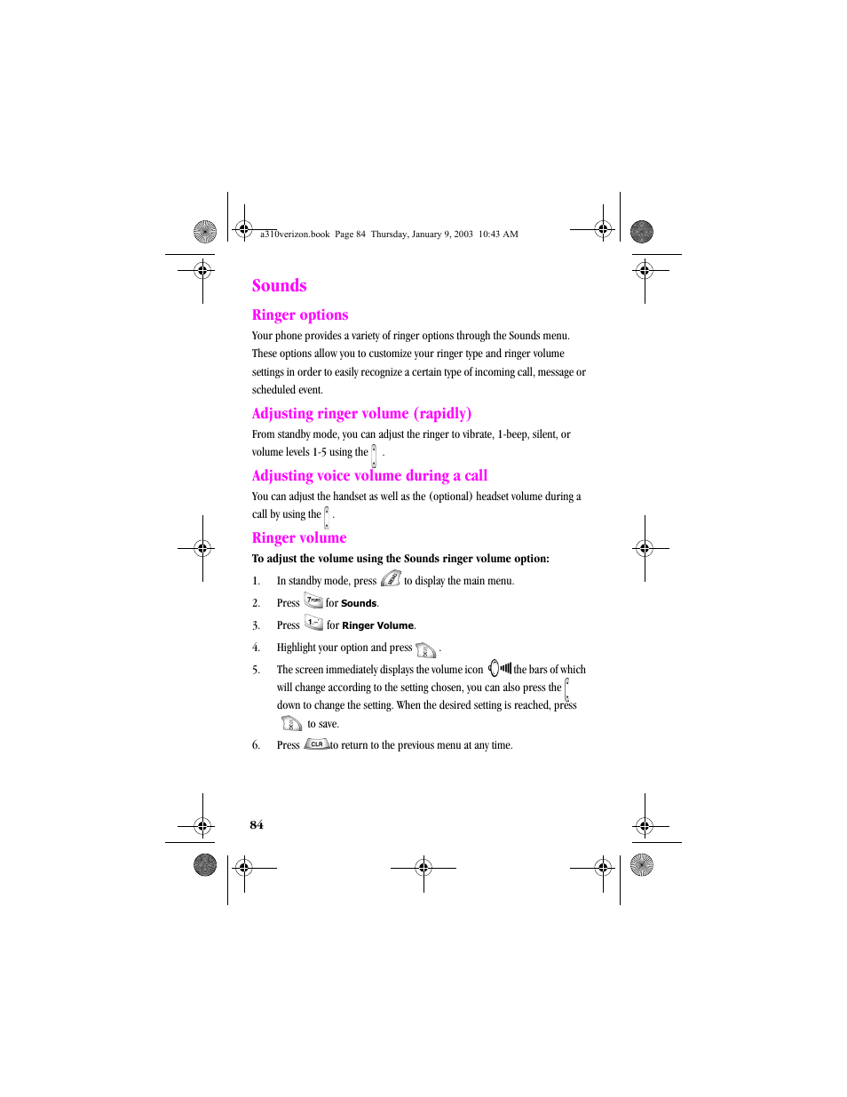 Sounds, Ringer options, Adjusting ringer volume (rapidly) | Adjusting voice volume during a call, Ringer volume | Samsung SCH-A310SV-XAR User Manual | Page 84 / 146