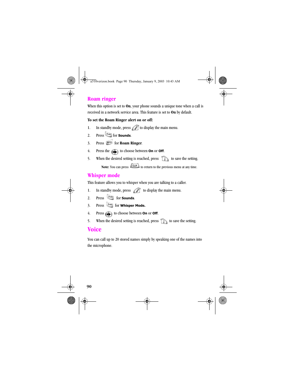 Roam ringer, Whisper mode, Voice | Roam ringer whisper mode | Samsung SCH-A310SV-XAR User Manual | Page 90 / 146