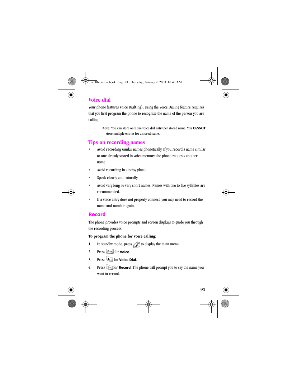 Voice dial, Tips on recording names, Voice dial tips on recording names | Samsung SCH-A310SV-XAR User Manual | Page 91 / 146