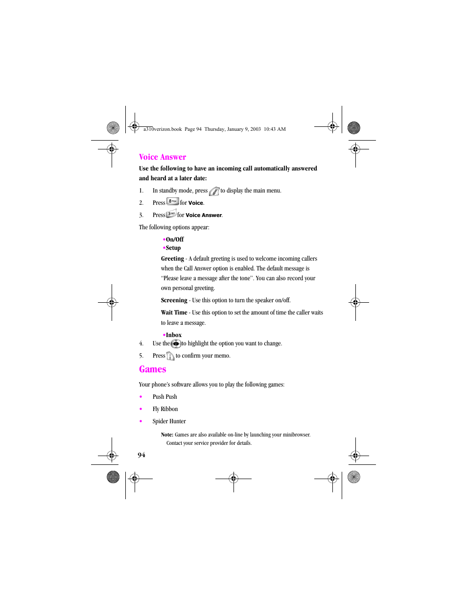 Voice answer, Games | Samsung SCH-A310SV-XAR User Manual | Page 94 / 146