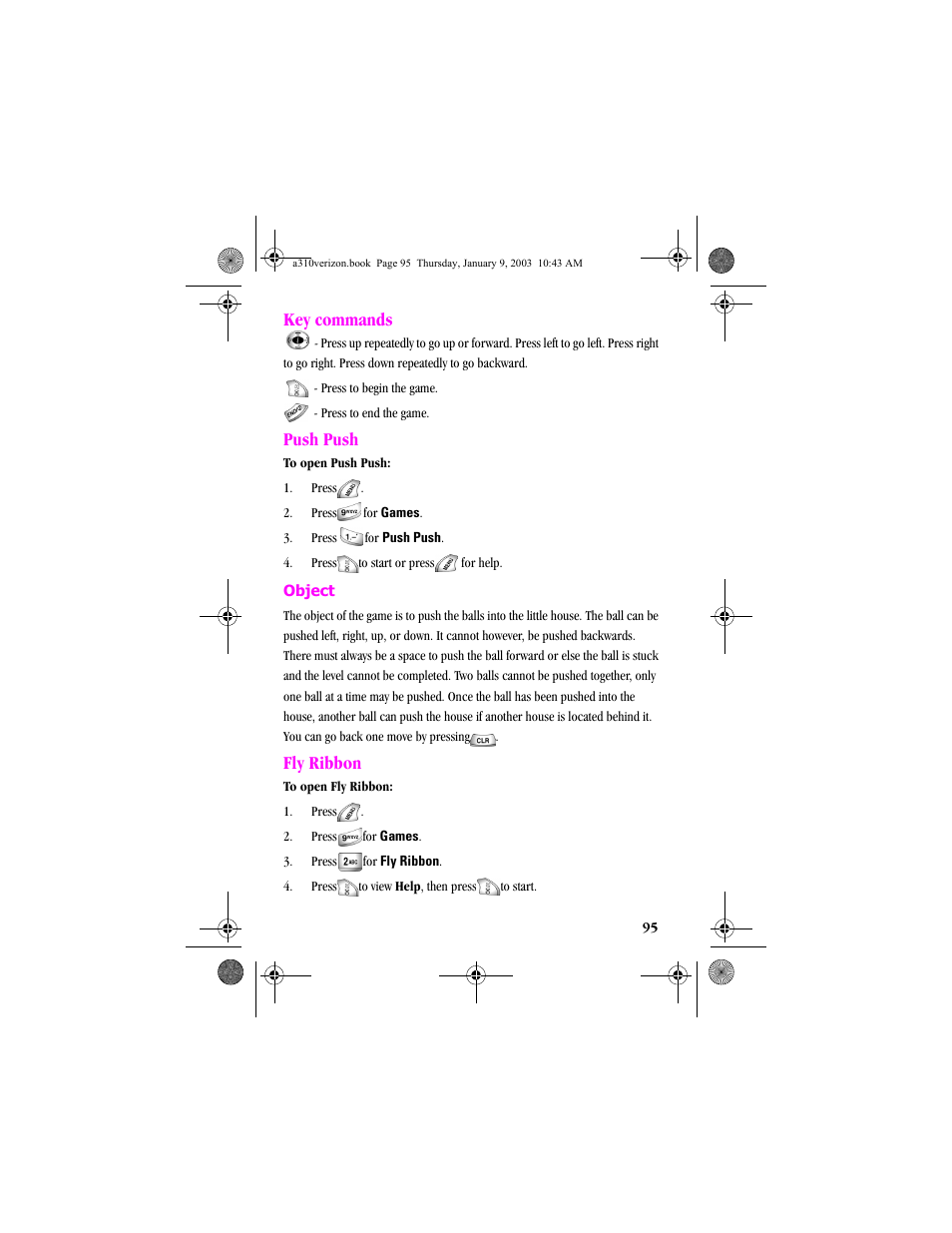 Key commands, Push push, Fly ribbon | Key commands push push fly ribbon | Samsung SCH-A310SV-XAR User Manual | Page 95 / 146