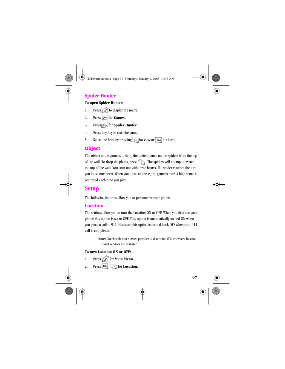 Spider hunter, Setup, Location | Samsung SCH-A310SV-XAR User Manual | Page 97 / 146