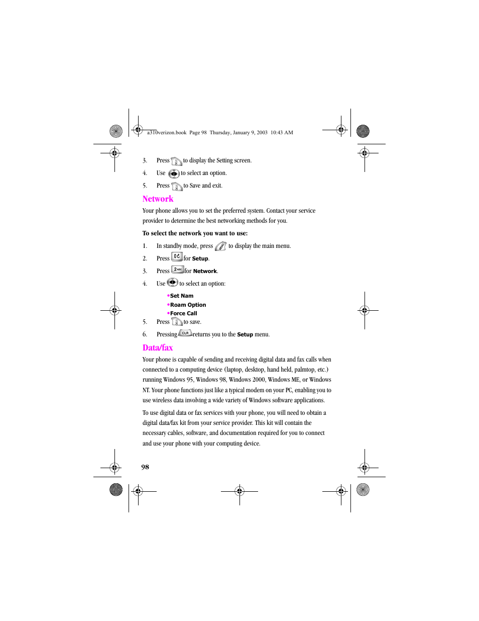 Network, Data/fax, Network data/fax | Samsung SCH-A310SV-XAR User Manual | Page 98 / 146