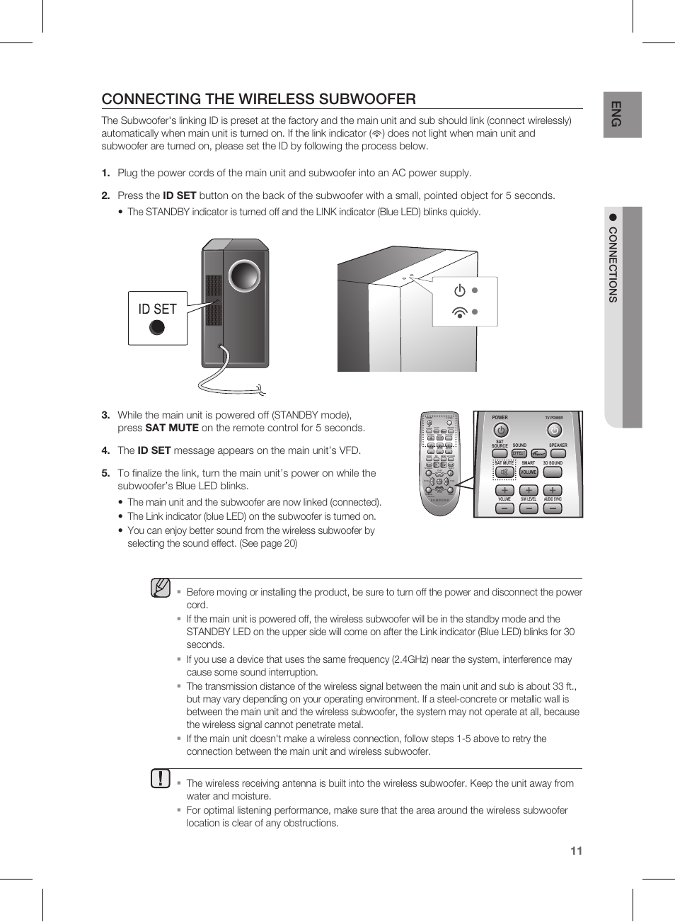 Connecting the wireless subwoofer, Co nn ectio n s | Samsung HW-E450-ZA User Manual | Page 11 / 26