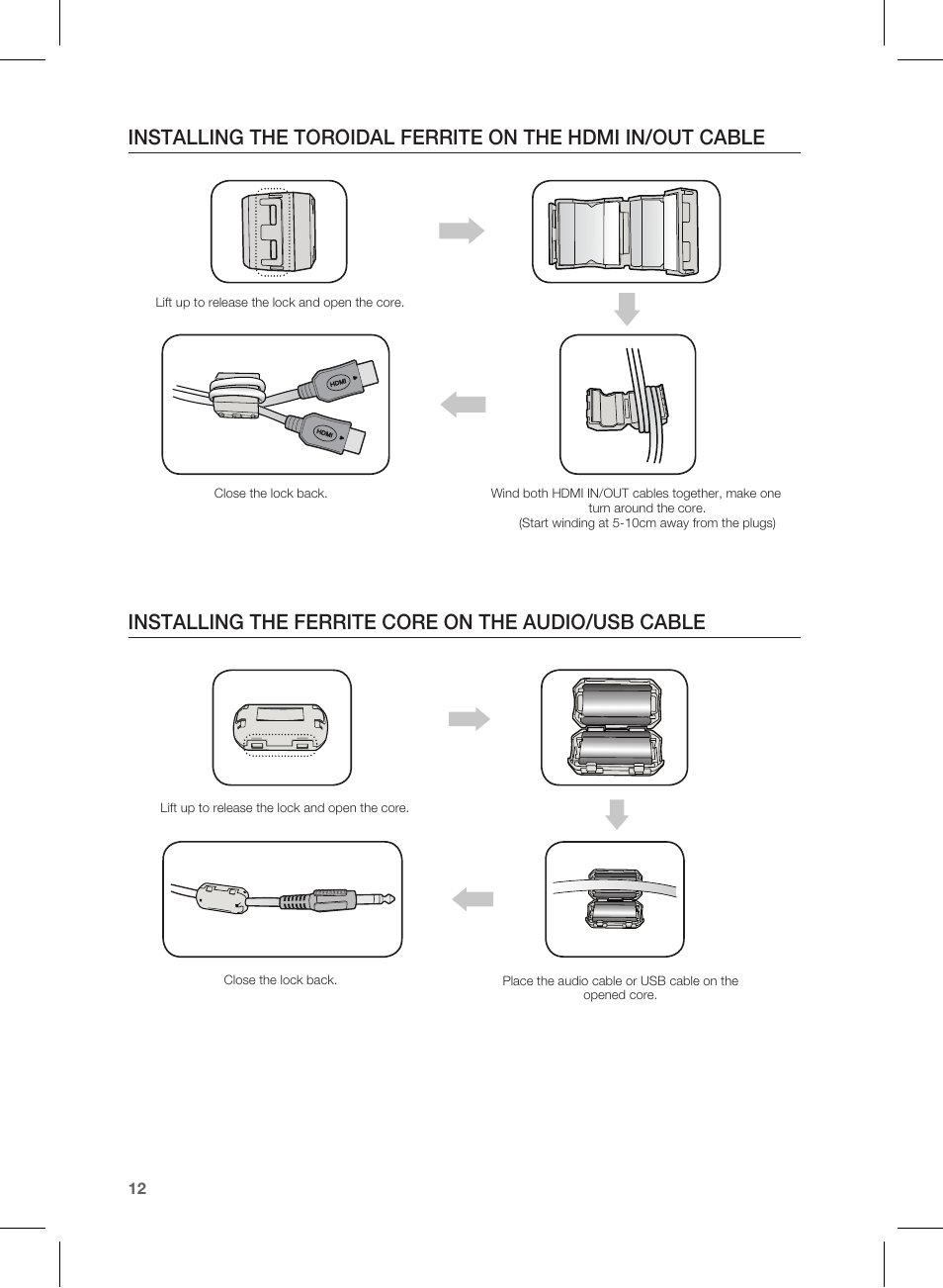 Installing the ferrite core on the audio/usb cable | Samsung HW-E450-ZA User Manual | Page 12 / 26