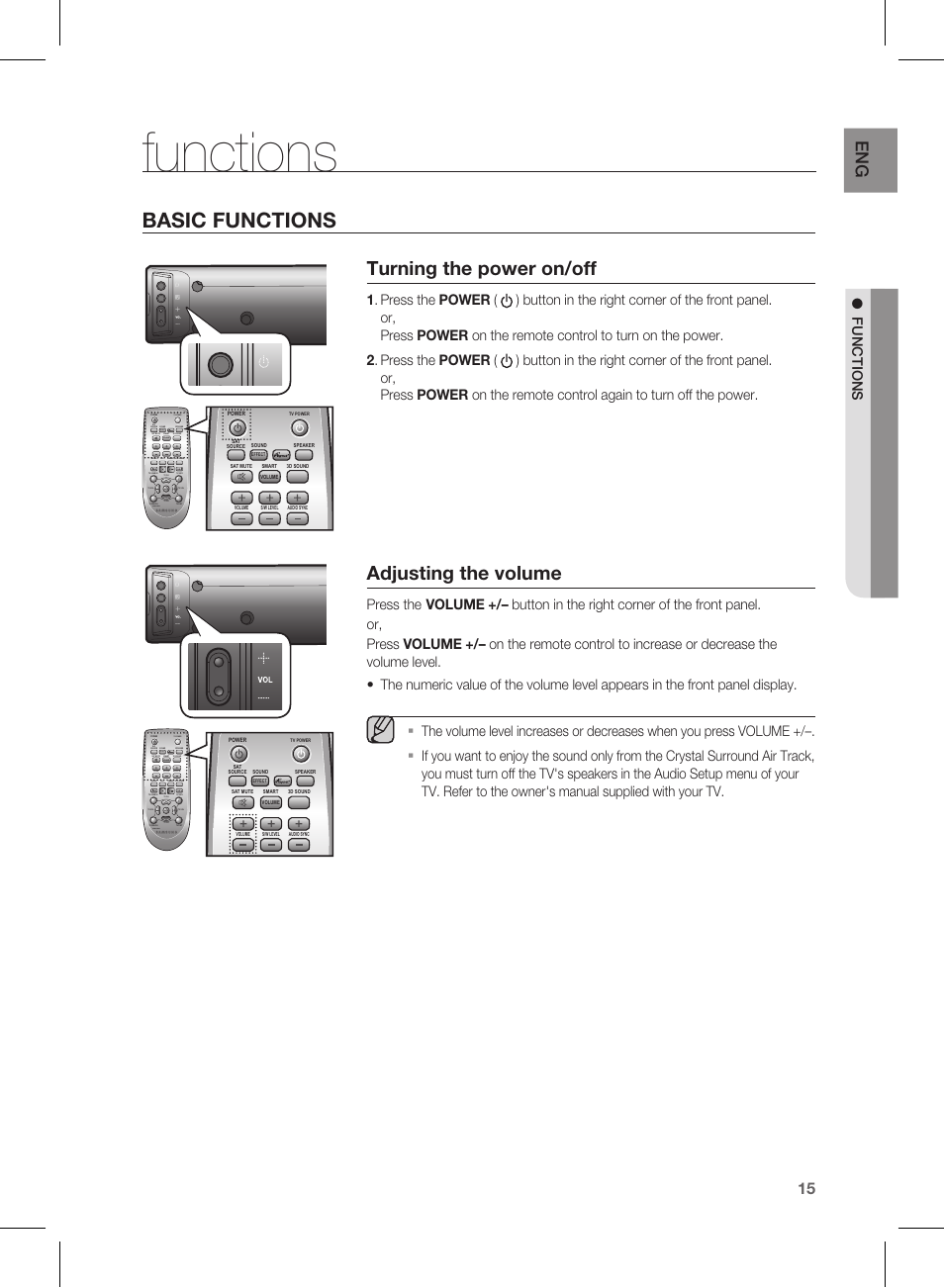 Functions, Basic functions, Turning the power on/off | Adjusting the volume, F un ctio n s, Effect | Samsung HW-E450-ZA User Manual | Page 15 / 26