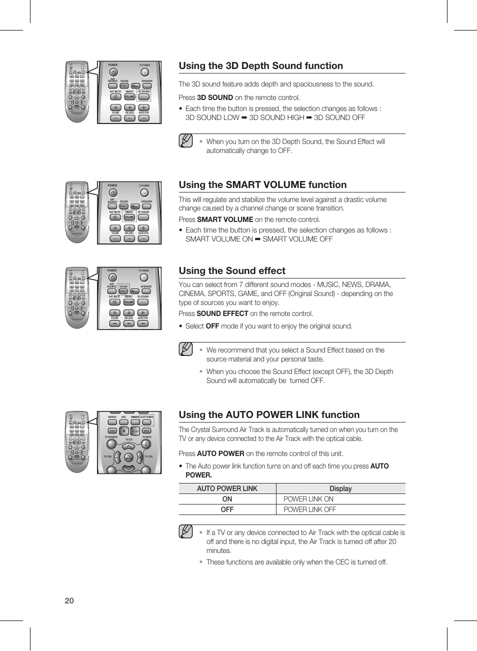 Using the 3d depth sound function, Using the smart volume function, Using the sound effect | Using the auto power link function, Effect | Samsung HW-E450-ZA User Manual | Page 20 / 26