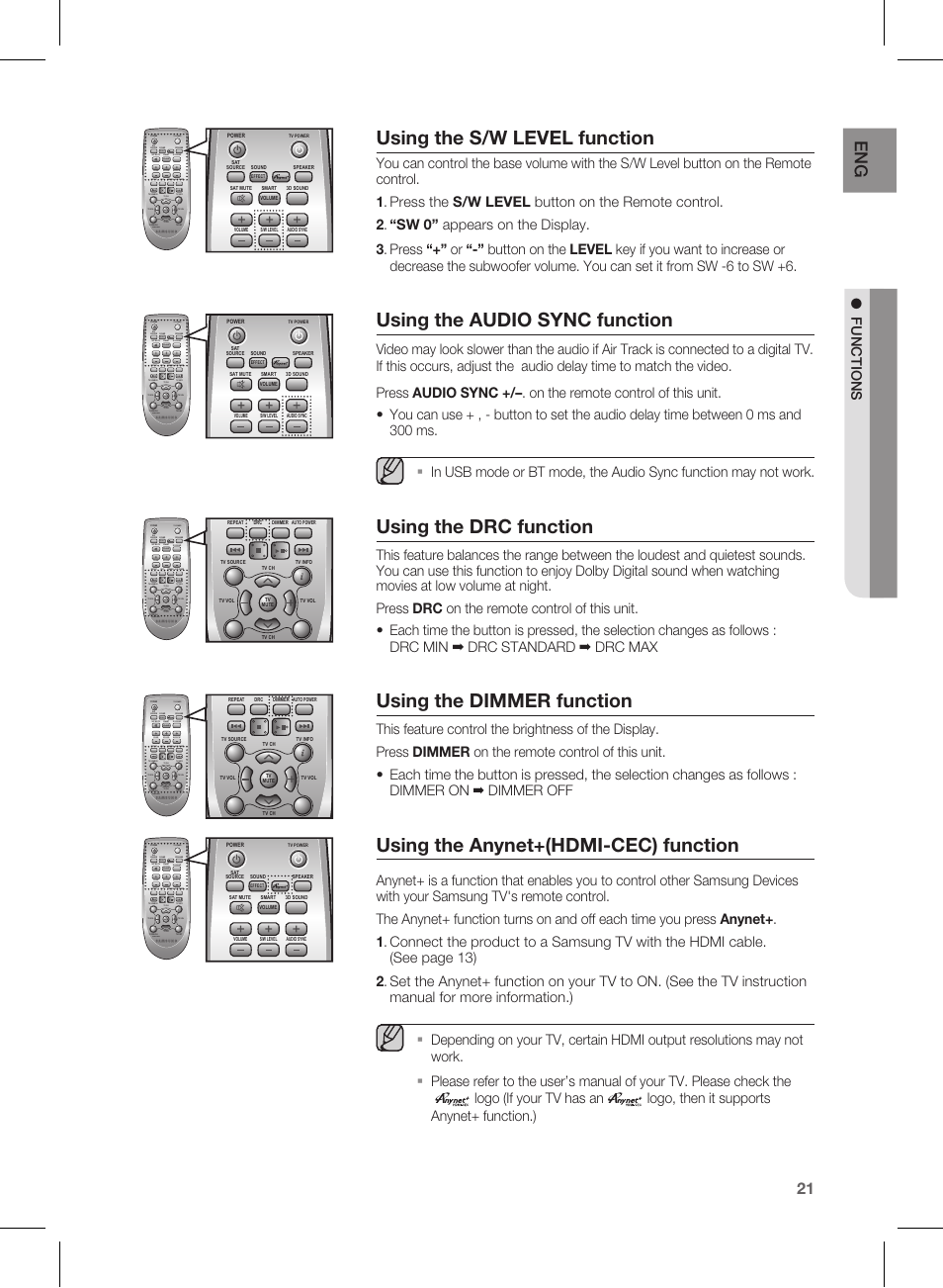 Using the s/w level function, Using the audio sync function, Using the drc function | Using the dimmer function, Using the anynet+(hdmi-cec) function, F un ctio n s, Effect | Samsung HW-E450-ZA User Manual | Page 21 / 26