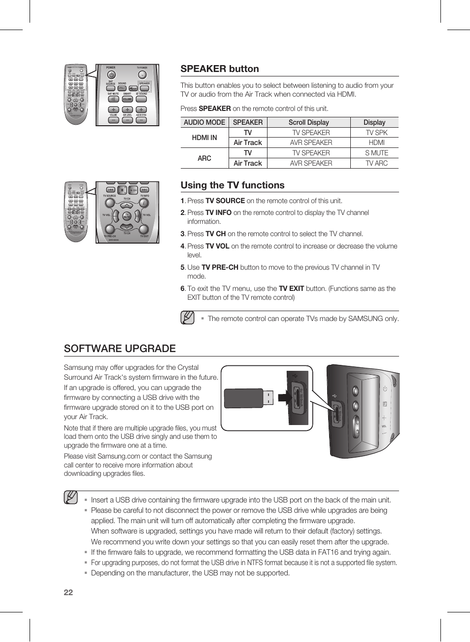 Software upgrade, Speaker button, Using the tv functions | Effect | Samsung HW-E450-ZA User Manual | Page 22 / 26
