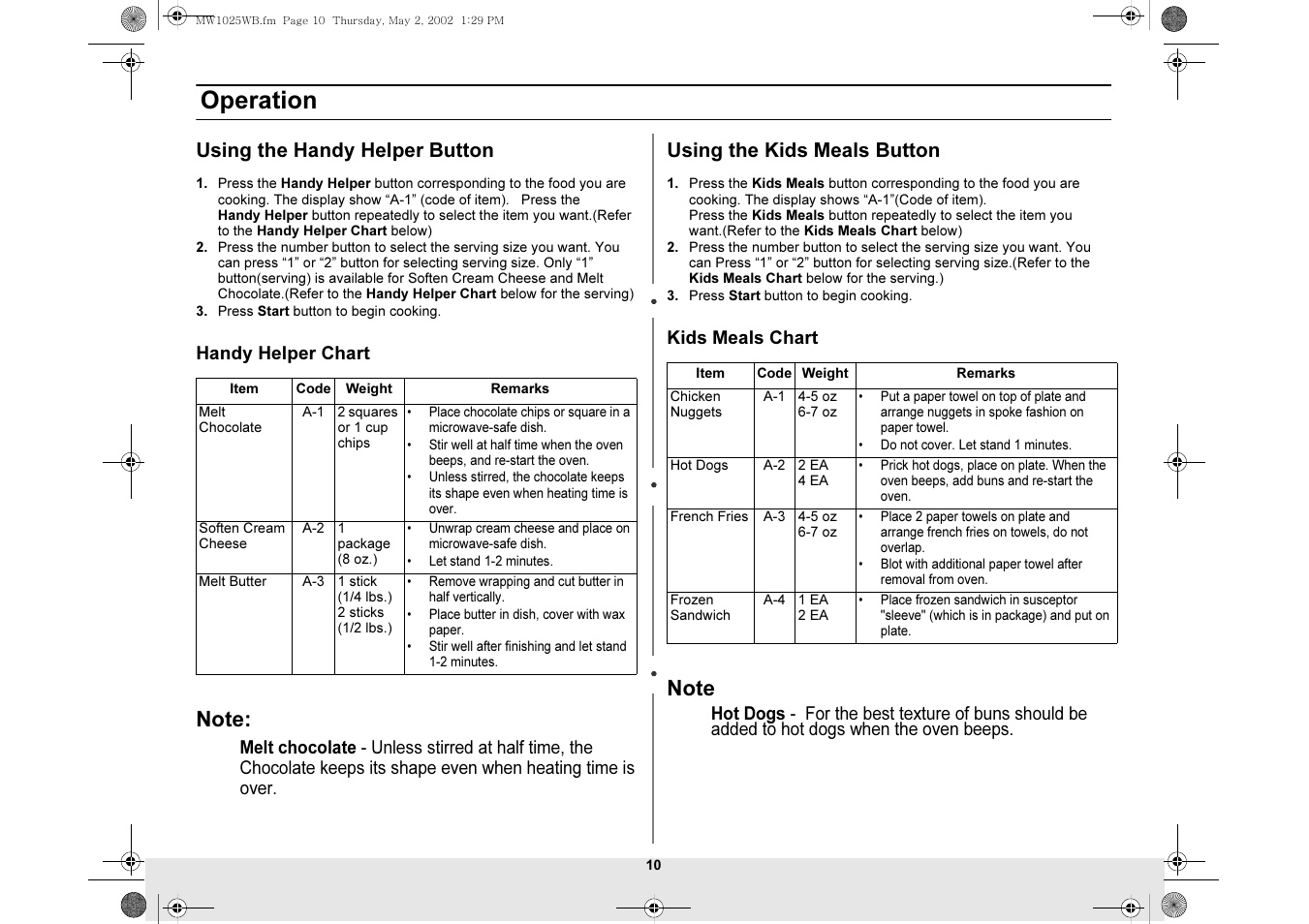 Using the handy helper button, Using the kids meals button, Operation | Samsung MW1025WB-XAC User Manual | Page 10 / 28