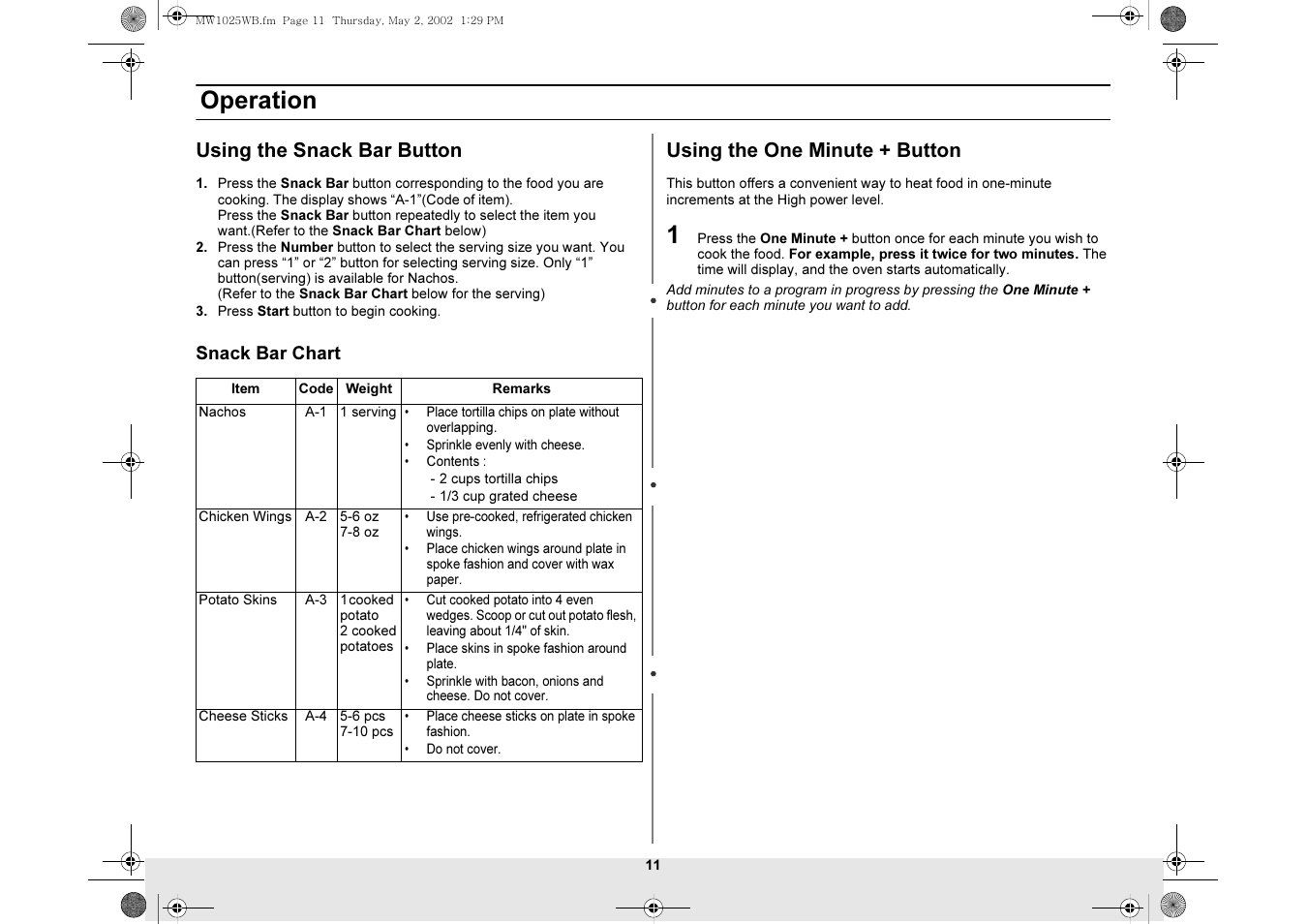 Using the snack bar button, Using the one minute + button, Operation | Samsung MW1025WB-XAC User Manual | Page 11 / 28