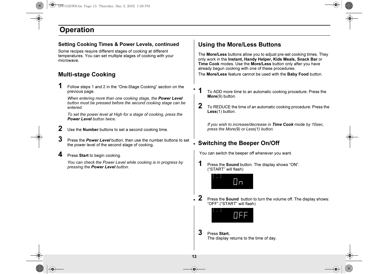 Multi-stage cooking, Using the more/less buttons, Switching the beeper on/off | Operation | Samsung MW1025WB-XAC User Manual | Page 13 / 28