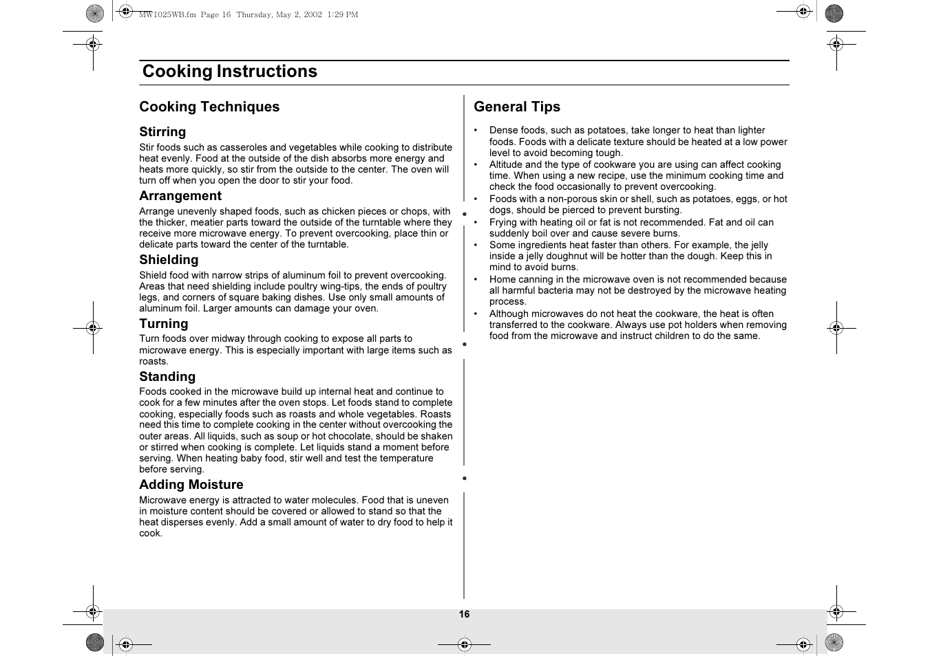 Cooking techniques, Cooking instructions | Samsung MW1025WB-XAC User Manual | Page 16 / 28