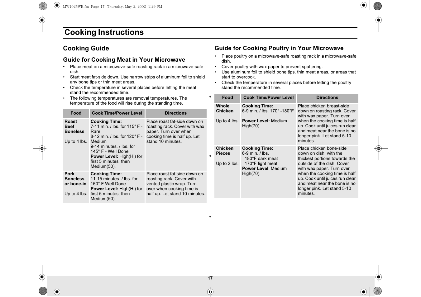 Cooking guide, Cooking instructions | Samsung MW1025WB-XAC User Manual | Page 17 / 28