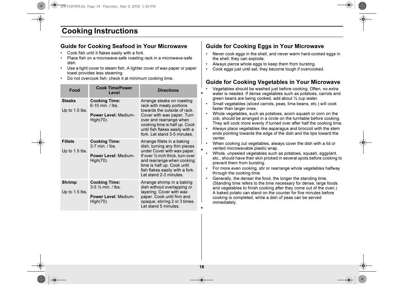 Cooking instructions | Samsung MW1025WB-XAC User Manual | Page 18 / 28