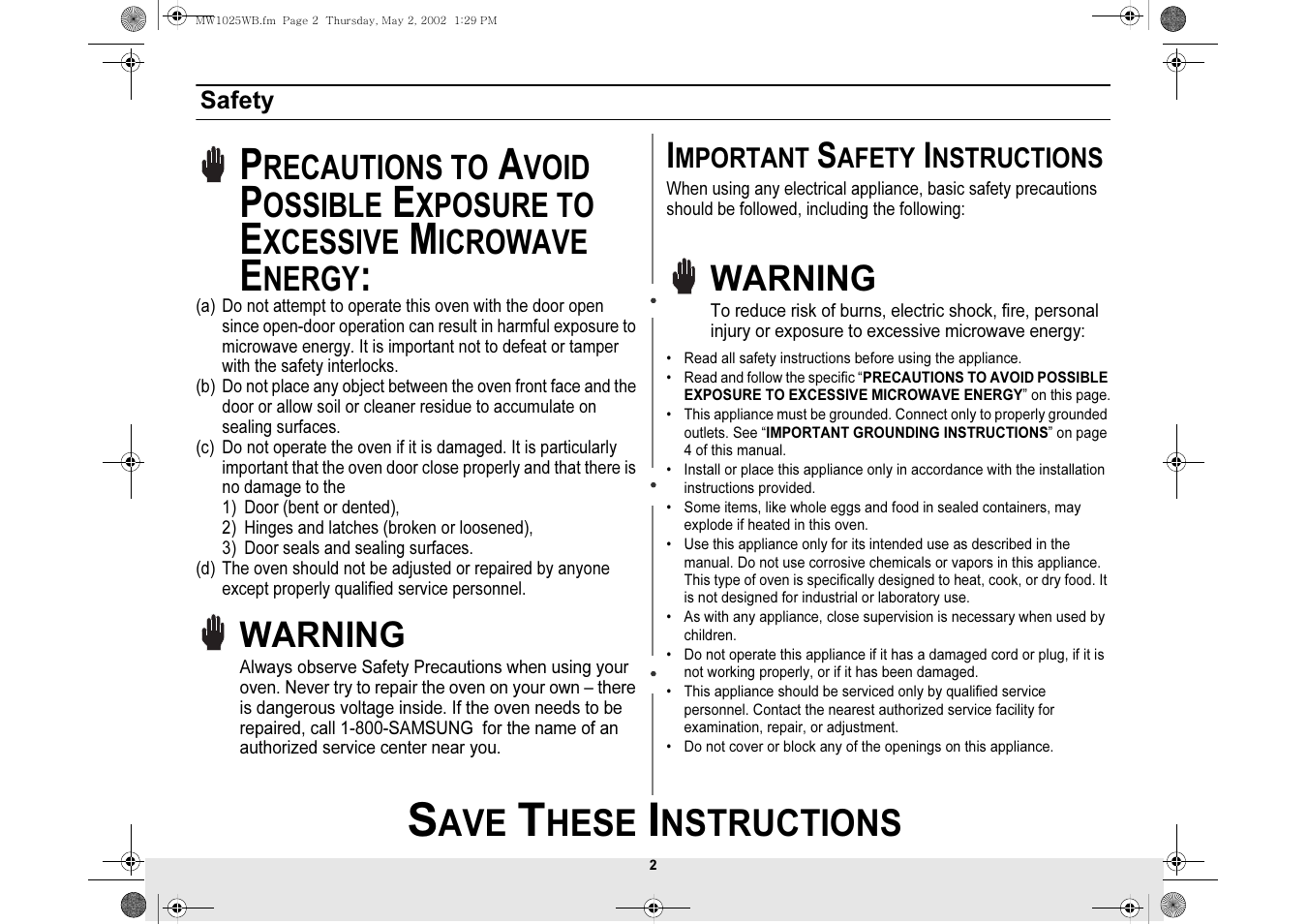 Safety, Hese, Nstructions | Warning, Recautions to, Void, Ossible, Xposure to, Xcessive, Icrowave | Samsung MW1025WB-XAC User Manual | Page 2 / 28