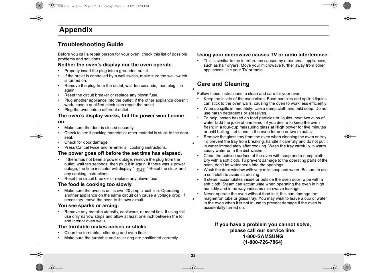 Appendix, Troubleshooting guide, Care and cleaning | Samsung MW1025WB-XAC User Manual | Page 22 / 28