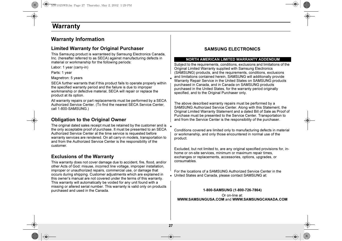 Warranty | Samsung MW1025WB-XAC User Manual | Page 27 / 28