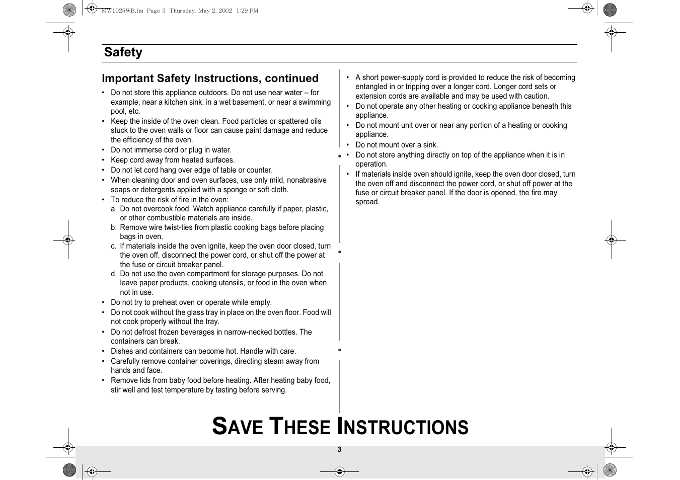 Hese, Nstructions, Safety | Samsung MW1025WB-XAC User Manual | Page 3 / 28