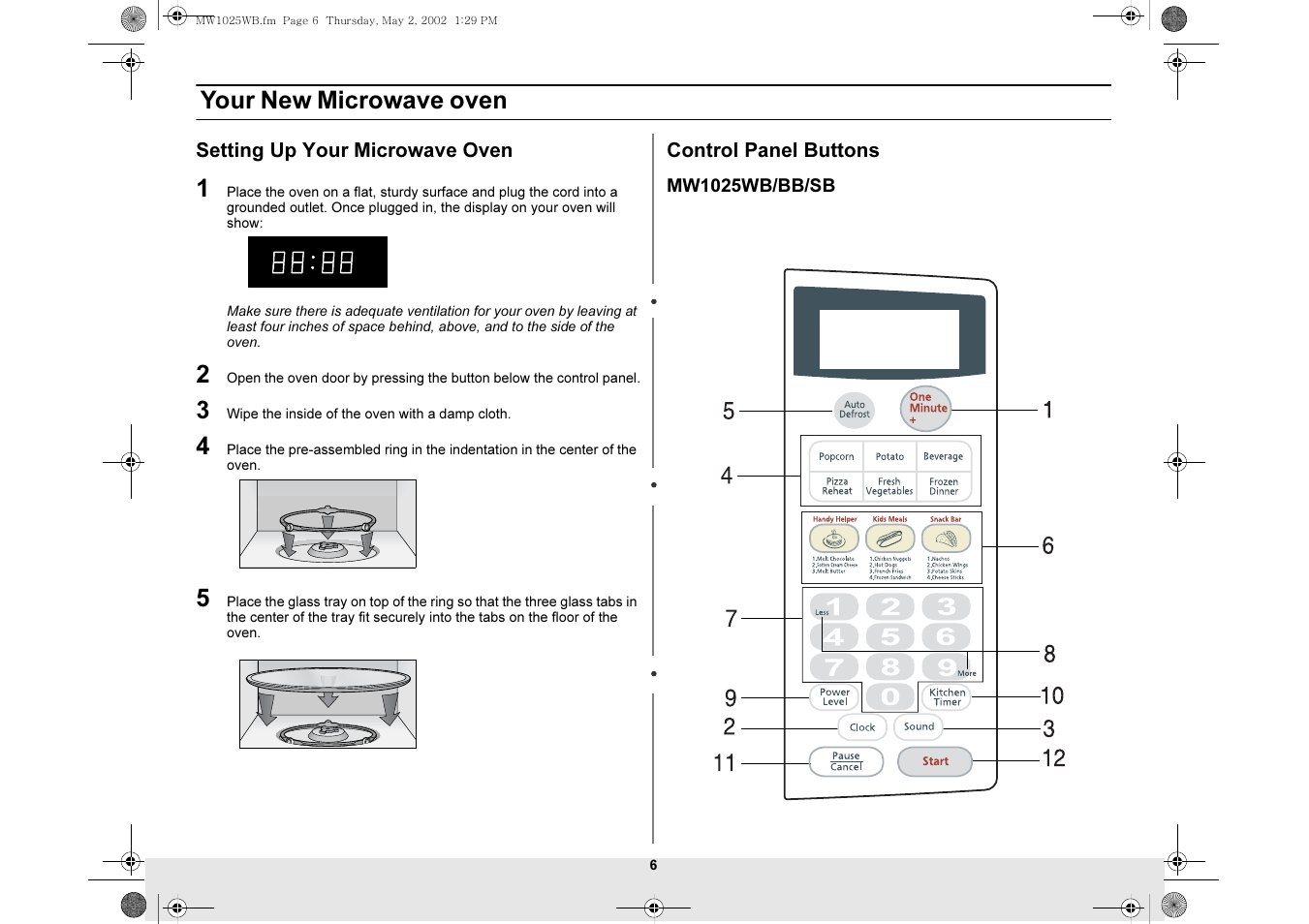 Setting up your microwave oven, Control panel buttons, Your new microwave oven | Samsung MW1025WB-XAC User Manual | Page 6 / 28