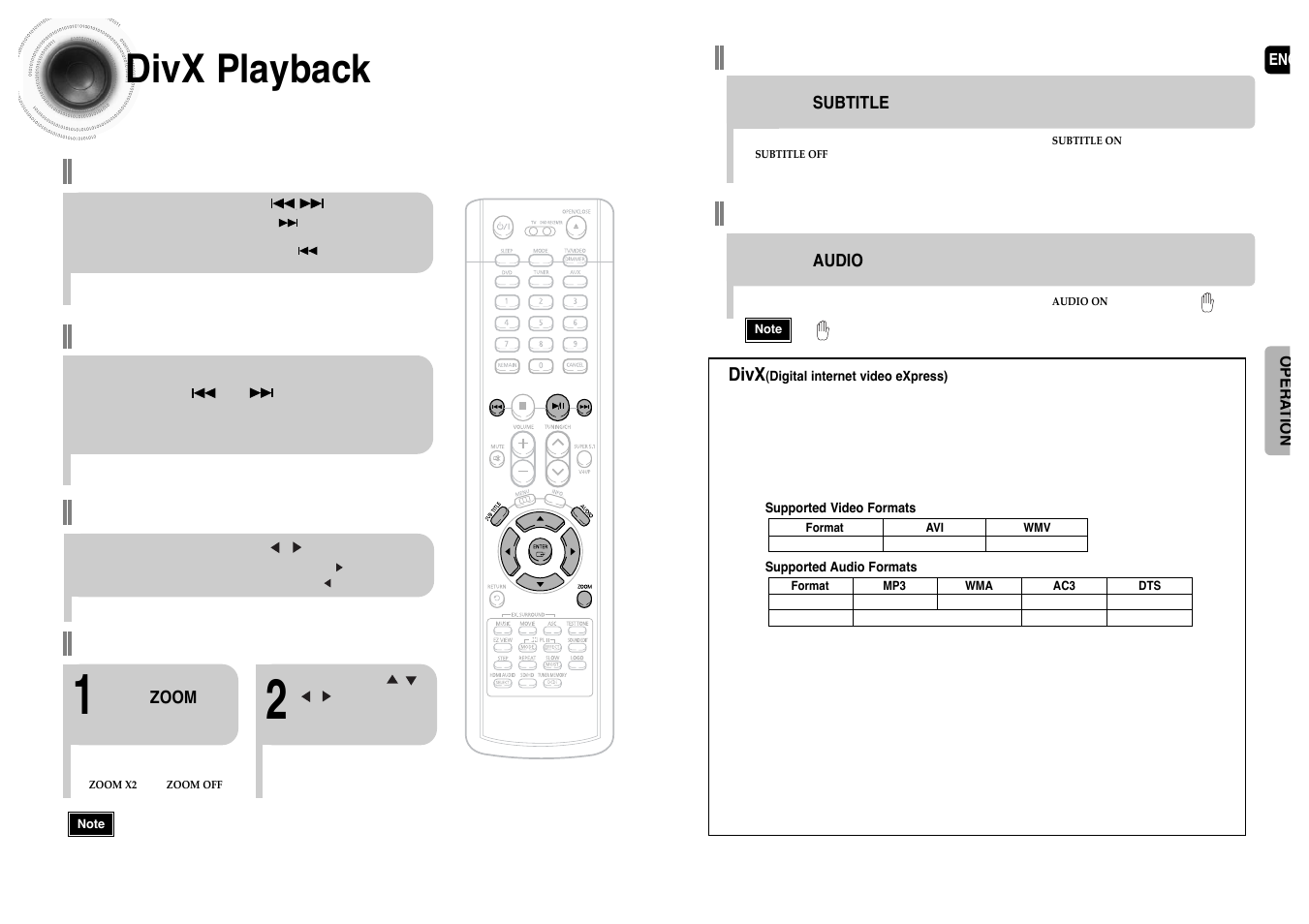 Divx playback, 36 divx playback 35, Fast playback skip forward/back | Zoom function, 5 minute skip function, Subtitle display, Audio display | Samsung HT-P1200T-XAC User Manual | Page 19 / 45