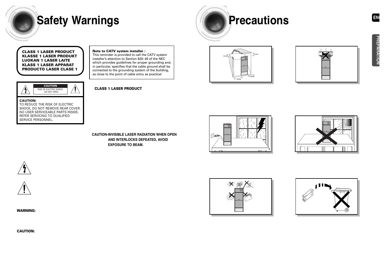 Preparation, Safety warnings, Precautions | 12 safety warnings precautions | Samsung HT-P1200T-XAC User Manual | Page 2 / 45