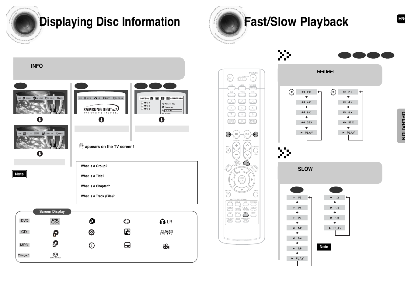 Displaying disc information, Fast/ slow playback, Fast/slow playback | Fast playback, Slow playback | Samsung HT-P1200T-XAC User Manual | Page 21 / 45