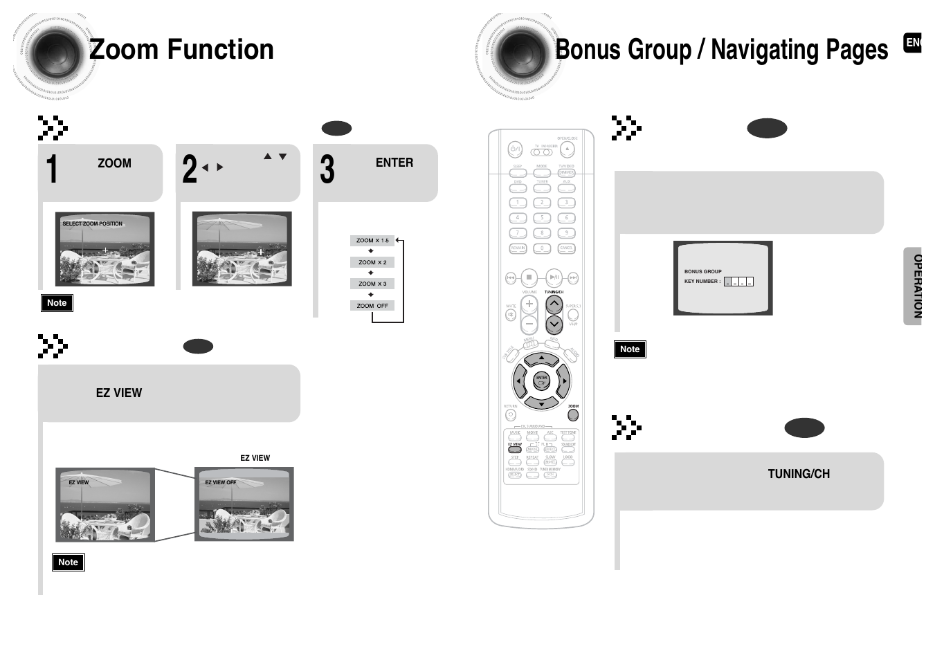 Zoom function, 46 zoom function, Bonus group / navigating pages | Zoom (screen enlarge) function, Aspect ratio, Bonus group, Navigating pages | Samsung HT-P1200T-XAC User Manual | Page 24 / 45