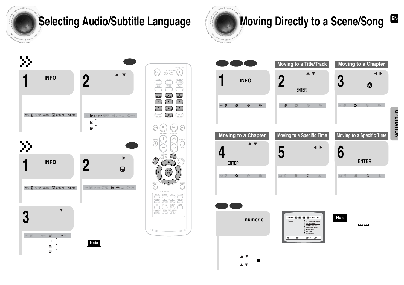 Selecting audio/ subtitle language, Moving directly to a scene/ song, 48 moving directly to a scene/song | 47 selecting audio/subtitle language, Audio language selection function, Subtitle language selection function | Samsung HT-P1200T-XAC User Manual | Page 25 / 45