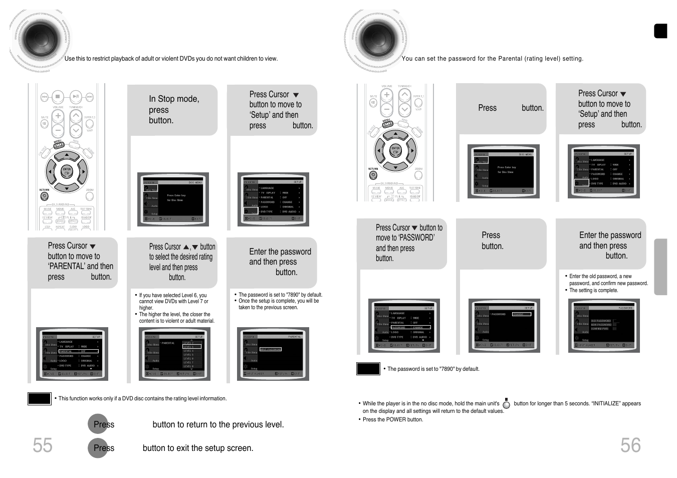 Setting parental controls (rating level), Setting the password, 55 56 setting parental controls (rating level) | Samsung HT-P1200T-XAC User Manual | Page 29 / 45