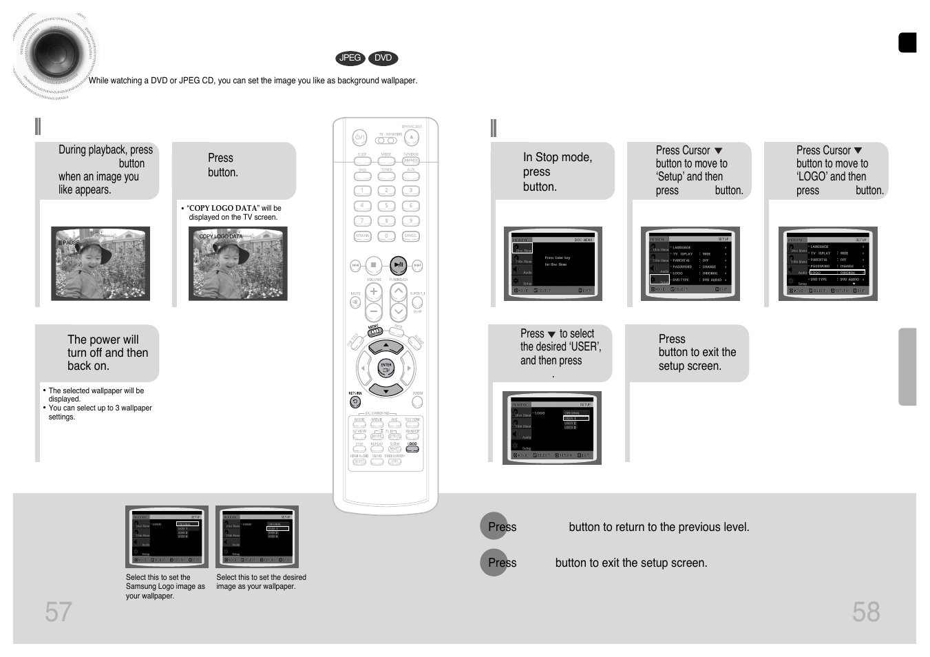 Setting the wallpaper, 57 58 setting the wallpaper | Samsung HT-P1200T-XAC User Manual | Page 30 / 45