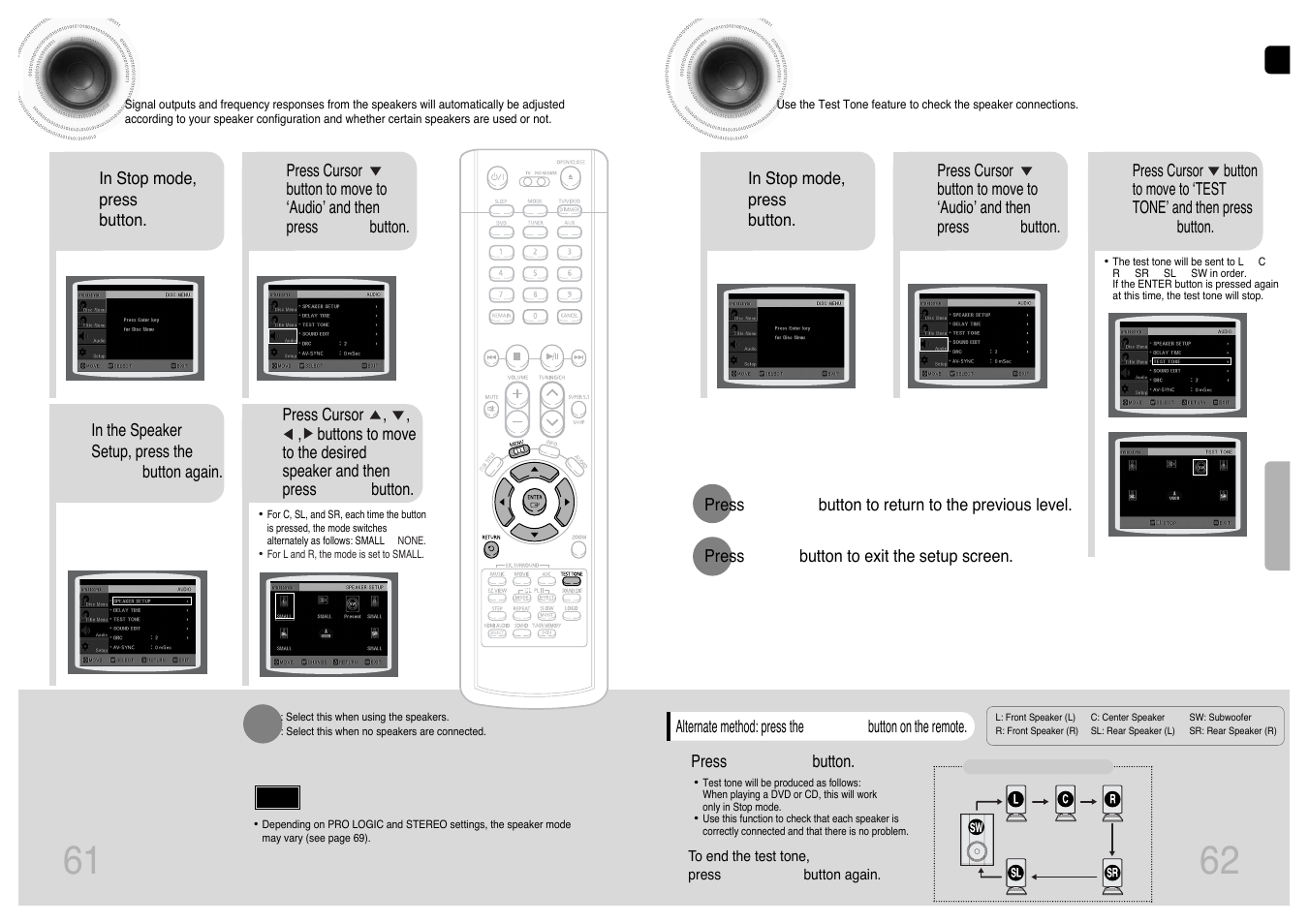 Setting the speaker mode, Setting the test tone | Samsung HT-P1200T-XAC User Manual | Page 32 / 45