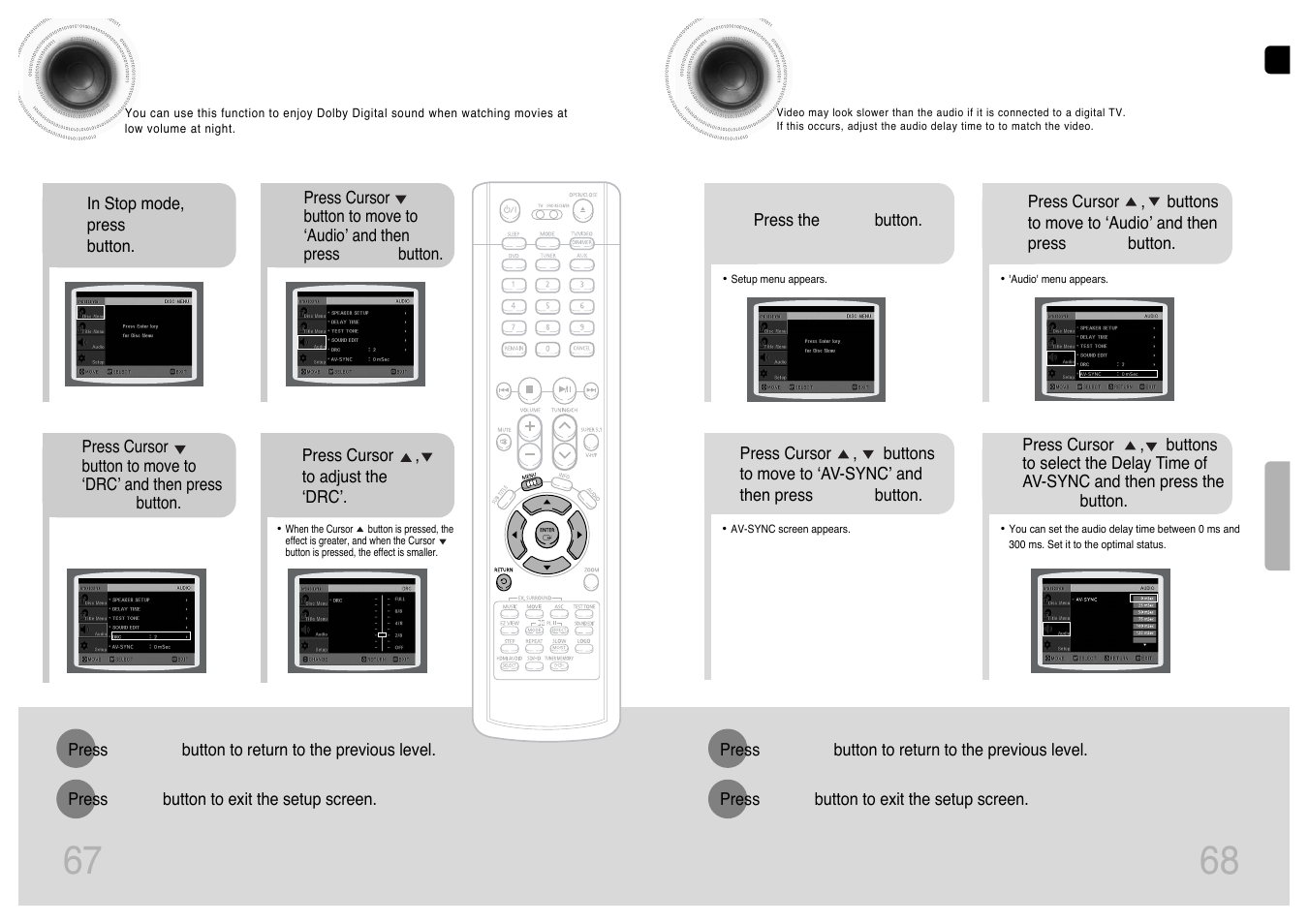 Setting the drc (dynamic range compression), Av sync setup, 67 68 setting the drc | Dynamic range compression) | Samsung HT-P1200T-XAC User Manual | Page 35 / 45