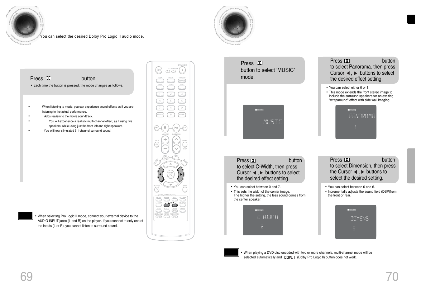 Dolby pro logic ii mode, Dolby pro logic ii effect, 69 70 dolby pro logic ii mode | Samsung HT-P1200T-XAC User Manual | Page 36 / 45