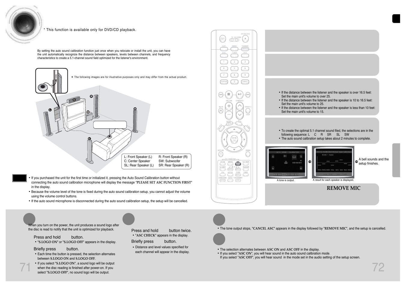 Auto sound calibration setup, 72 71 auto sound calibration setup | Samsung HT-P1200T-XAC User Manual | Page 37 / 45