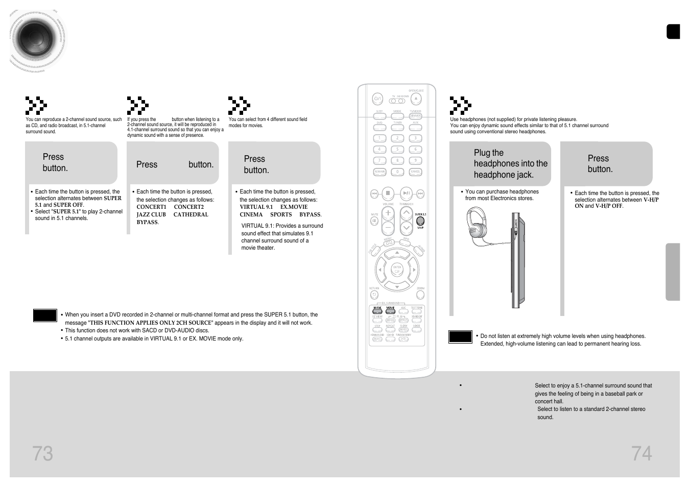 Live surround mode, 74 73 live surround mode | Samsung HT-P1200T-XAC User Manual | Page 38 / 45