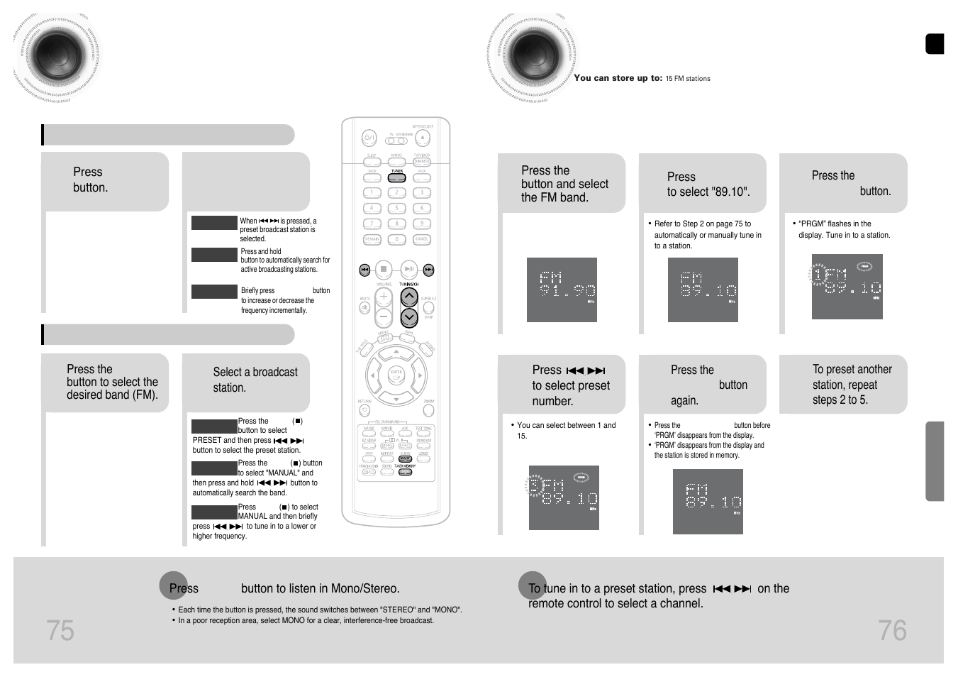 Radio operation, Listening to radio, Presetting stations | 75 76 listening to radio presetting stations | Samsung HT-P1200T-XAC User Manual | Page 39 / 45