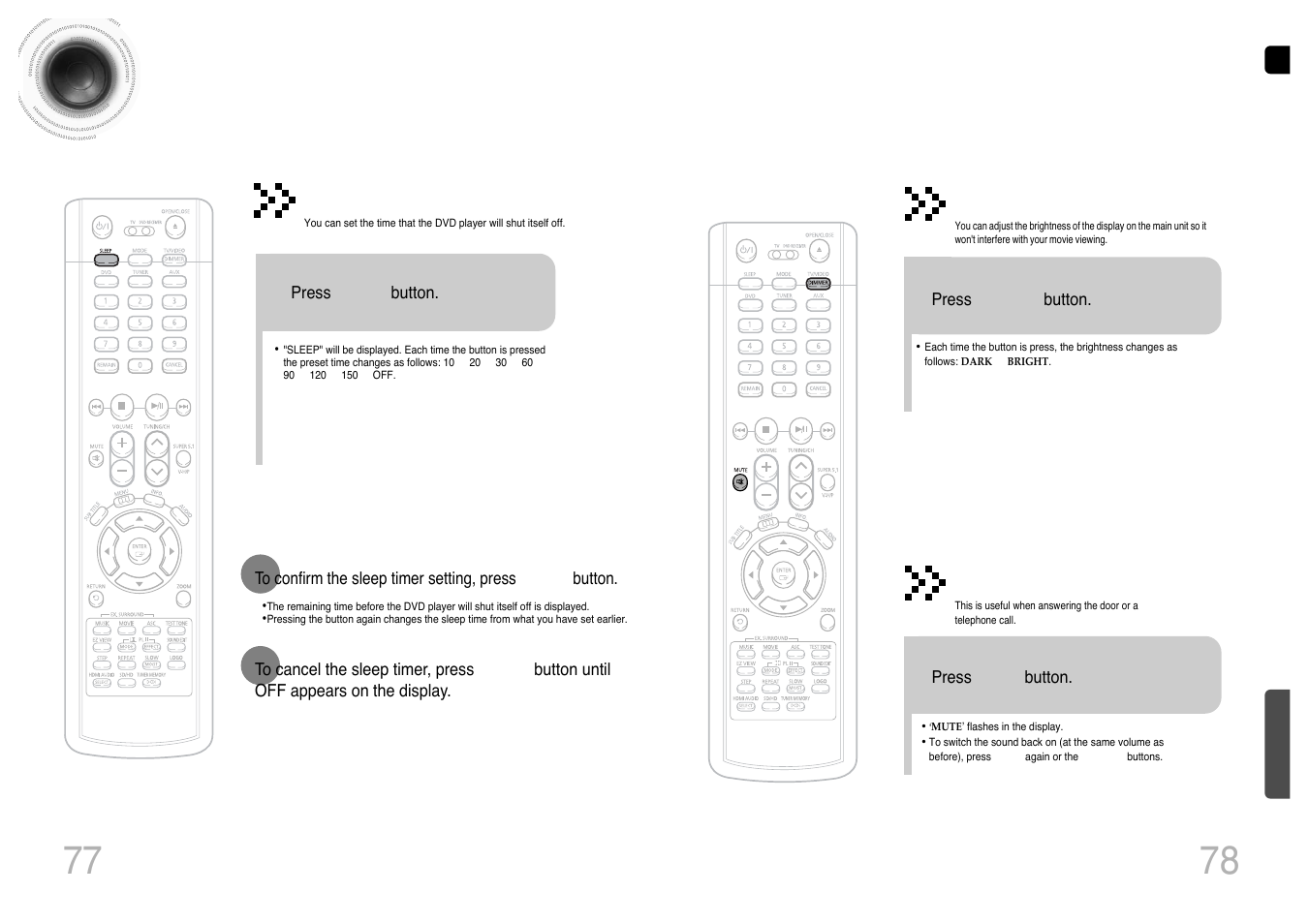 Miscellaneous, Convenient functions, 77 78 convenient functions | Sleep timer function, Adjusting display brightness, Mute function | Samsung HT-P1200T-XAC User Manual | Page 40 / 45