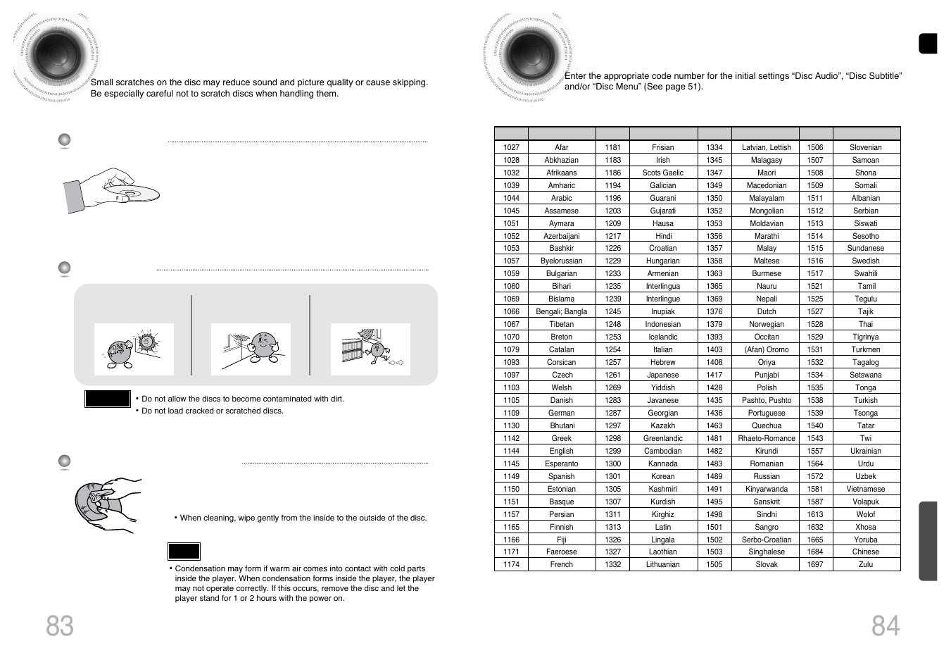 Cautions on handling and storing discs, Language code list | Samsung HT-P1200T-XAC User Manual | Page 43 / 45