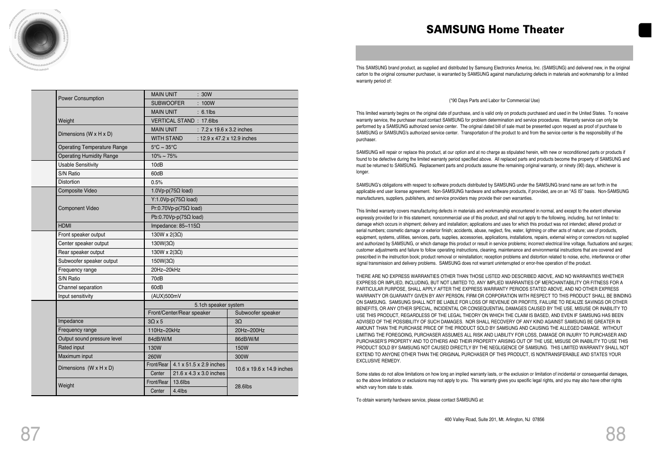 Specifications, Warranty, Samsung home theater | Samsung HT-P1200T-XAC User Manual | Page 45 / 45