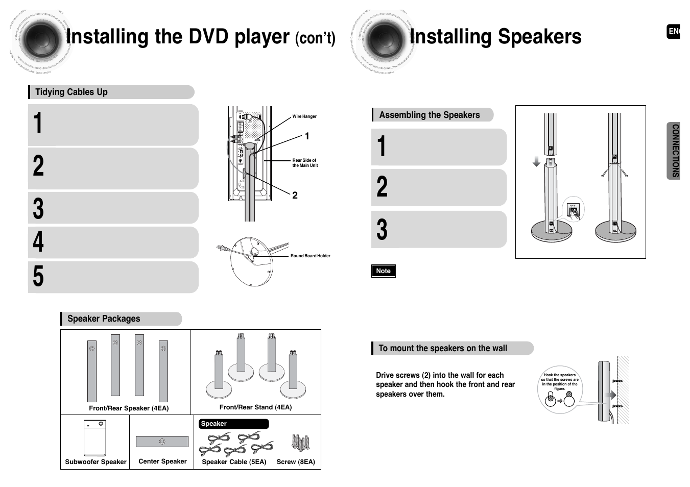 Installing the dvd player (con’t), Installing speakers, Installing the dvd player | Con’t) | Samsung HT-P1200T-XAC User Manual | Page 9 / 45