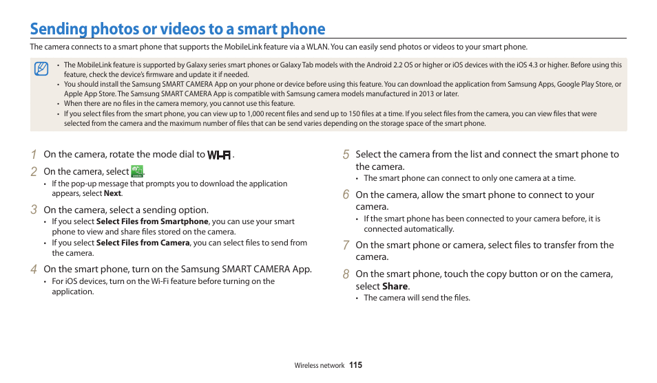 Sending photos or videos to a smart phone | Samsung EC-WB200FBPWUS User Manual | Page 116 / 164