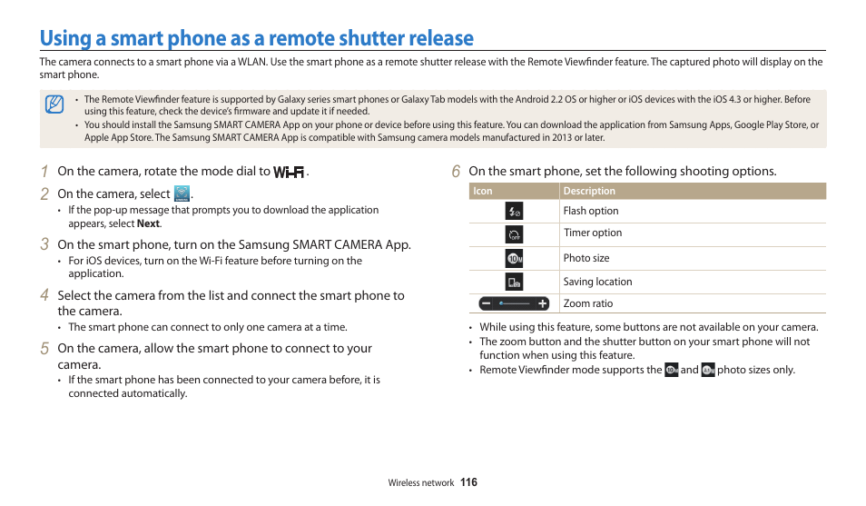 Using a smart phone as a remote shutter release | Samsung EC-WB200FBPWUS User Manual | Page 117 / 164