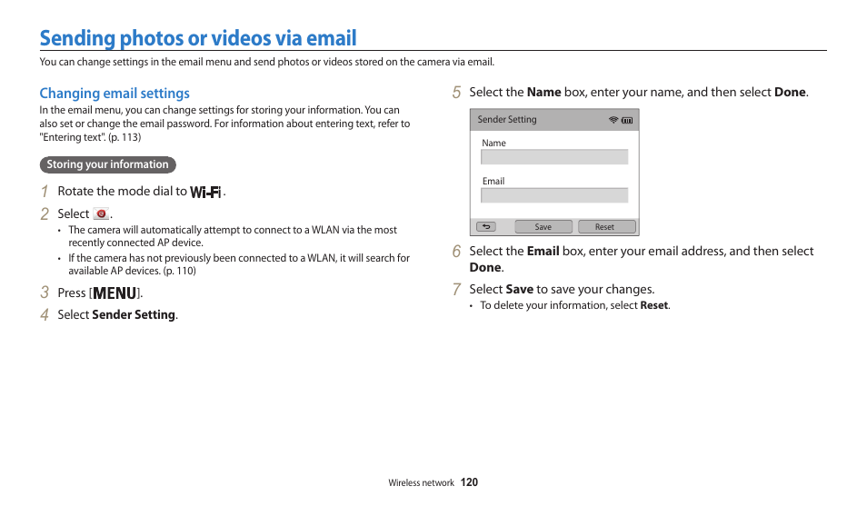 Sending photos or videos via email, Changing email settings | Samsung EC-WB200FBPWUS User Manual | Page 121 / 164