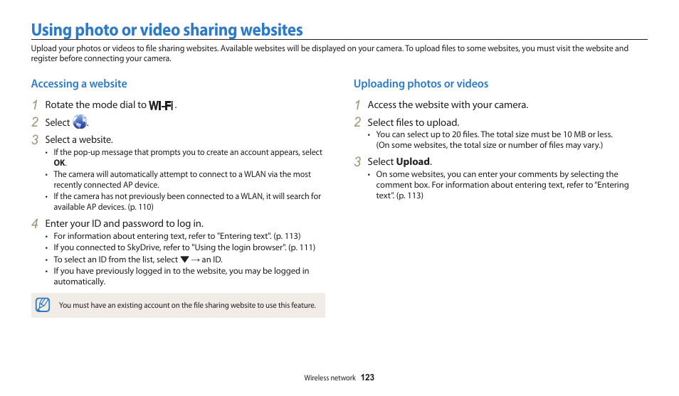 Using photo or video sharing websites, Accessing a website, Uploading photos or videos | Accessing a website uploading photos or videos | Samsung EC-WB200FBPWUS User Manual | Page 124 / 164