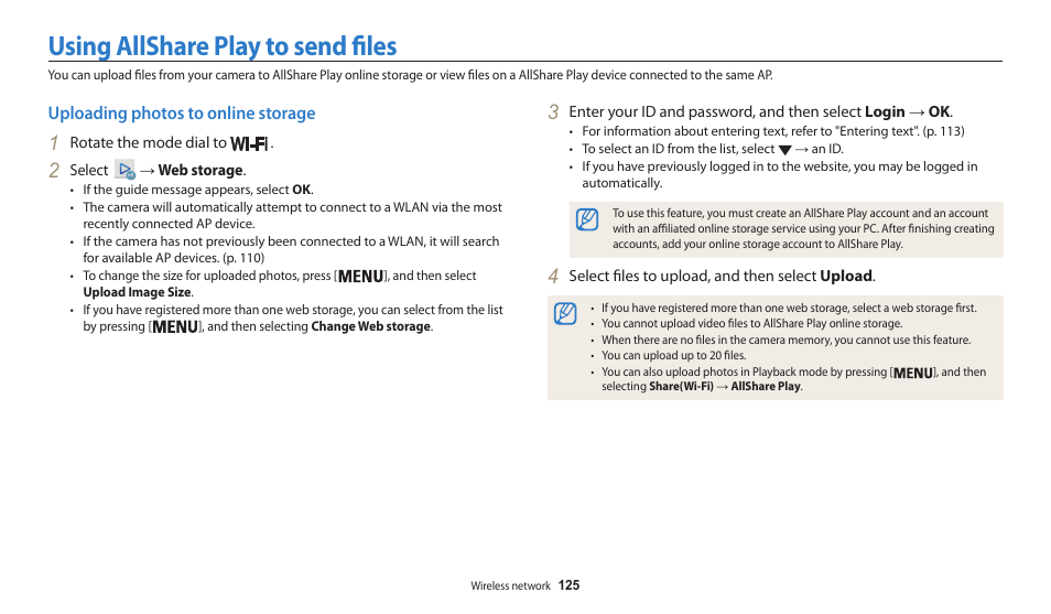 Using allshare play to send files, Uploading photos to online storage | Samsung EC-WB200FBPWUS User Manual | Page 126 / 164