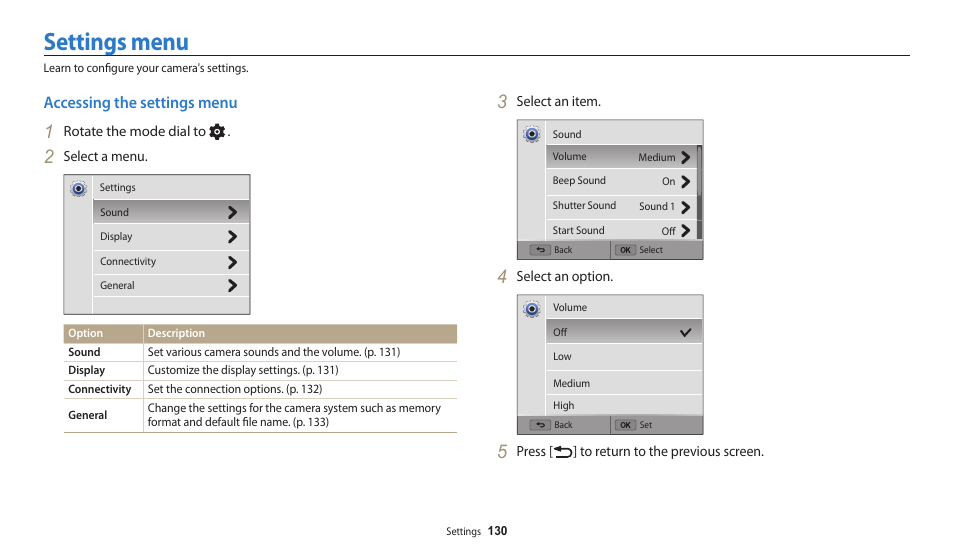 Settings menu, Accessing the settings menu | Samsung EC-WB200FBPWUS User Manual | Page 131 / 164