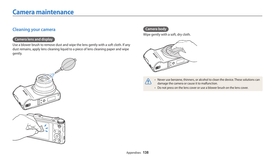 Camera maintenance, Cleaning your camera | Samsung EC-WB200FBPWUS User Manual | Page 139 / 164