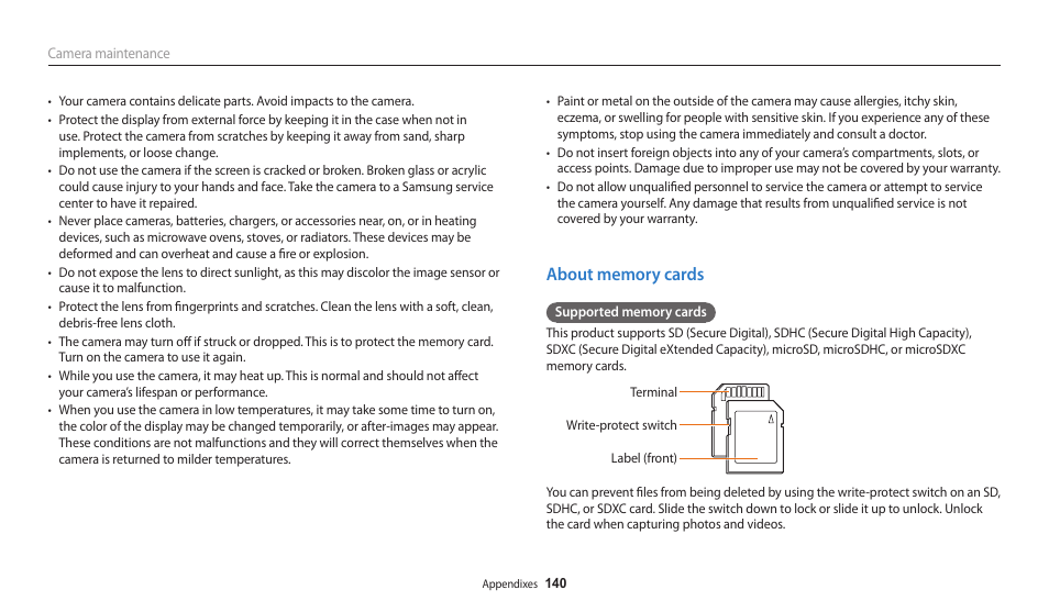 About memory cards | Samsung EC-WB200FBPWUS User Manual | Page 141 / 164